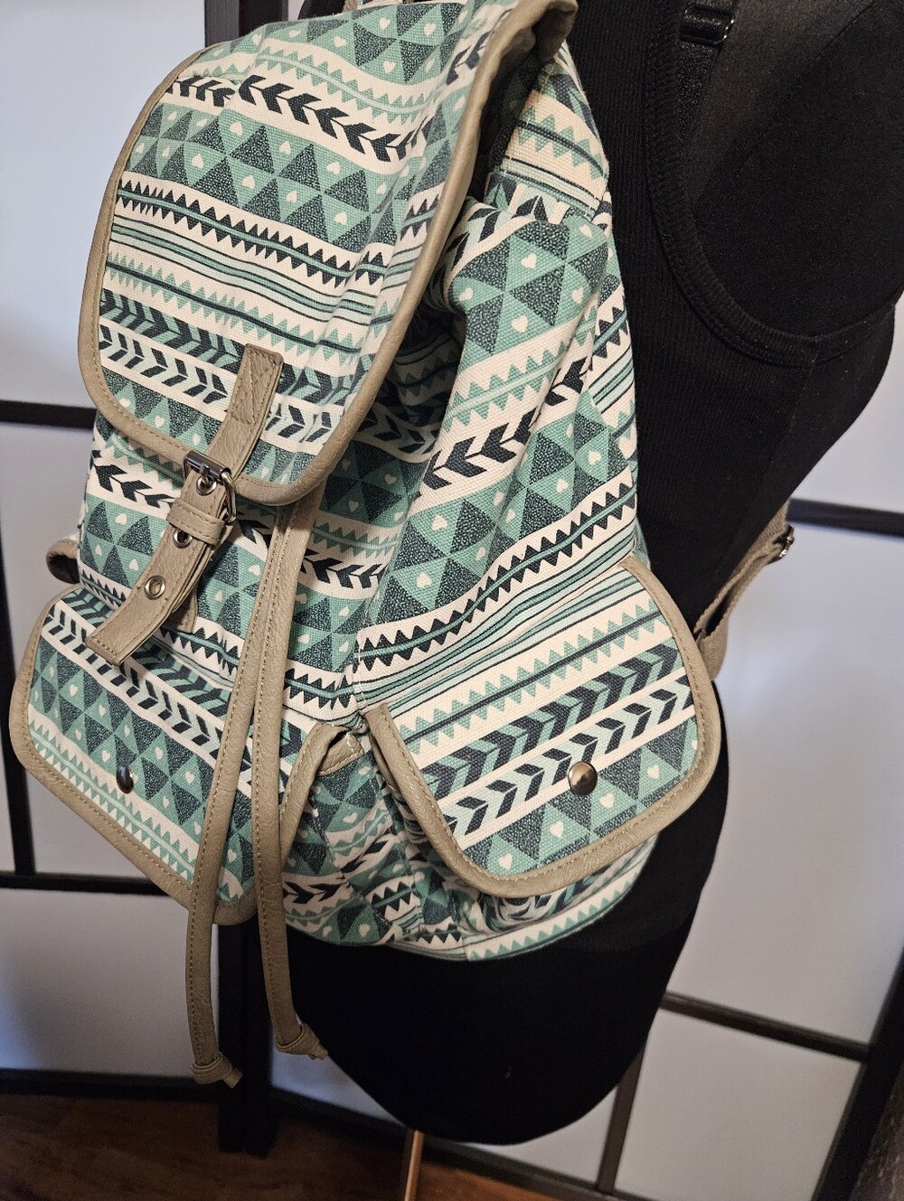 Mint Geometric Canvas Drawstring Backpack - Unbranded - Picture 3 of 8
